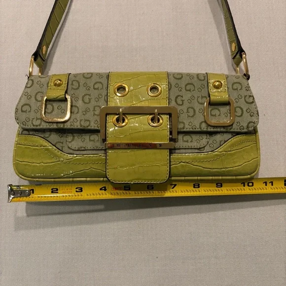 Vintage GUESS Y2K Green Shoulder Bag Monogram Brass Buckle Purse Croc Pattern - Picture 6 of 16
